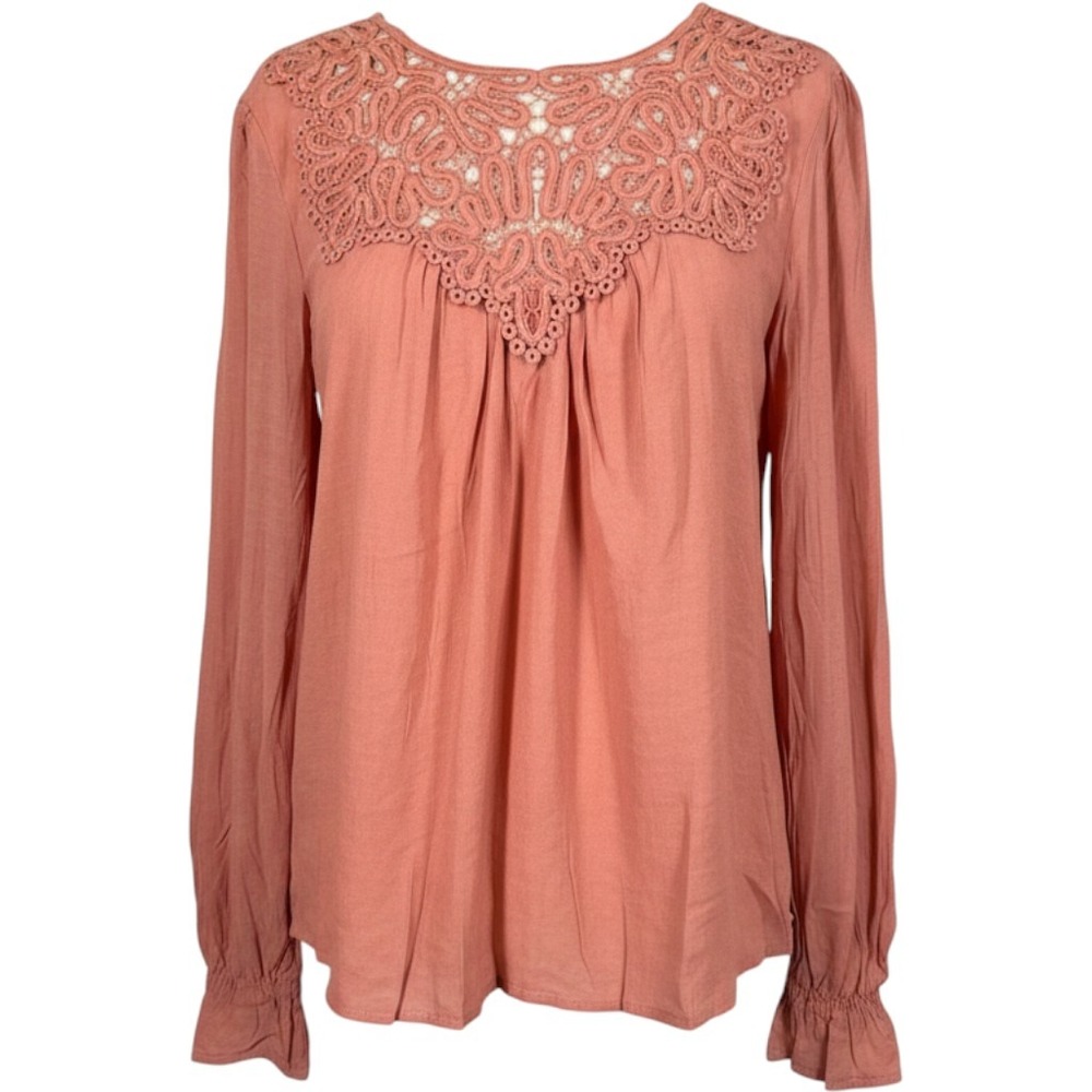 Blu Pepper Women Terracotta Coral Crochet Lace Yoke Ruffle Sleeve Blouse Large